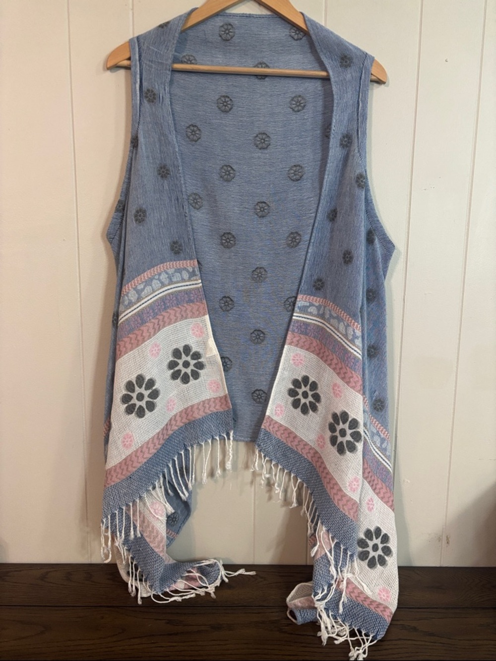 Nare Moda Boho Floral Fringe Open Front Vest Dusty Blue and Pink Festival OS